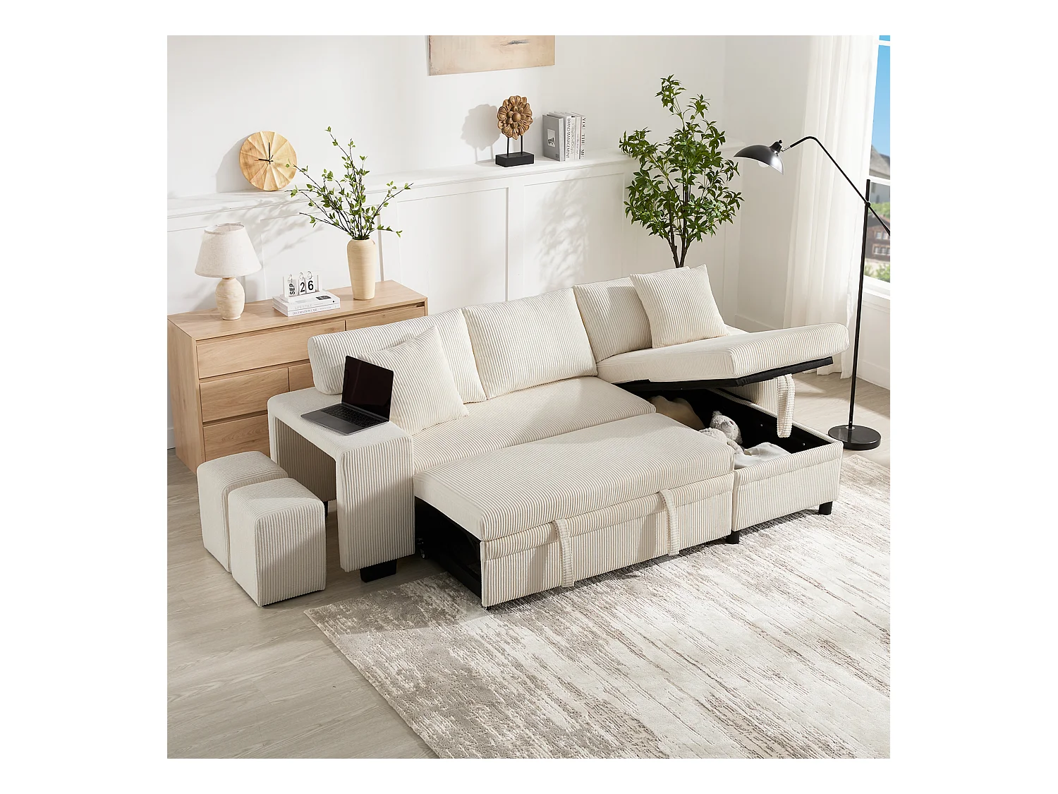 Canapé convertible lit 3 places - 231 x 131.5 x 84 cm - avec USB + coussins + rangement - velours - beige