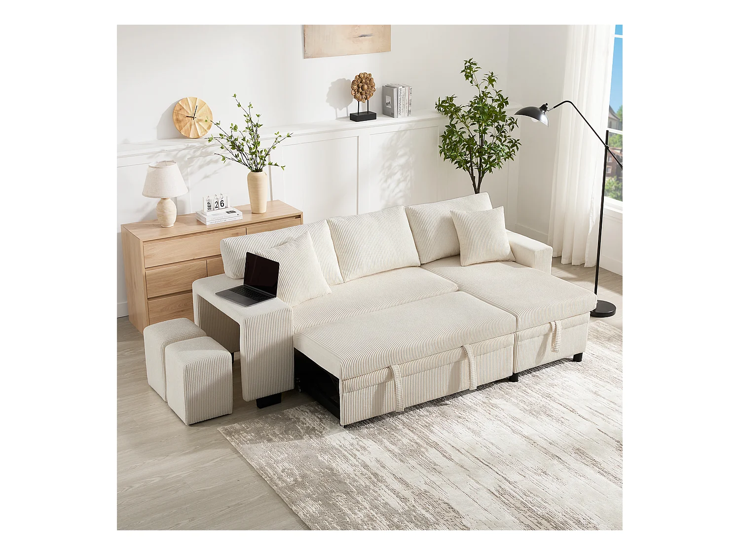 Canapé convertible lit 3 places - 231 x 131.5 x 84 cm - avec USB + coussins + rangement - velours - beige