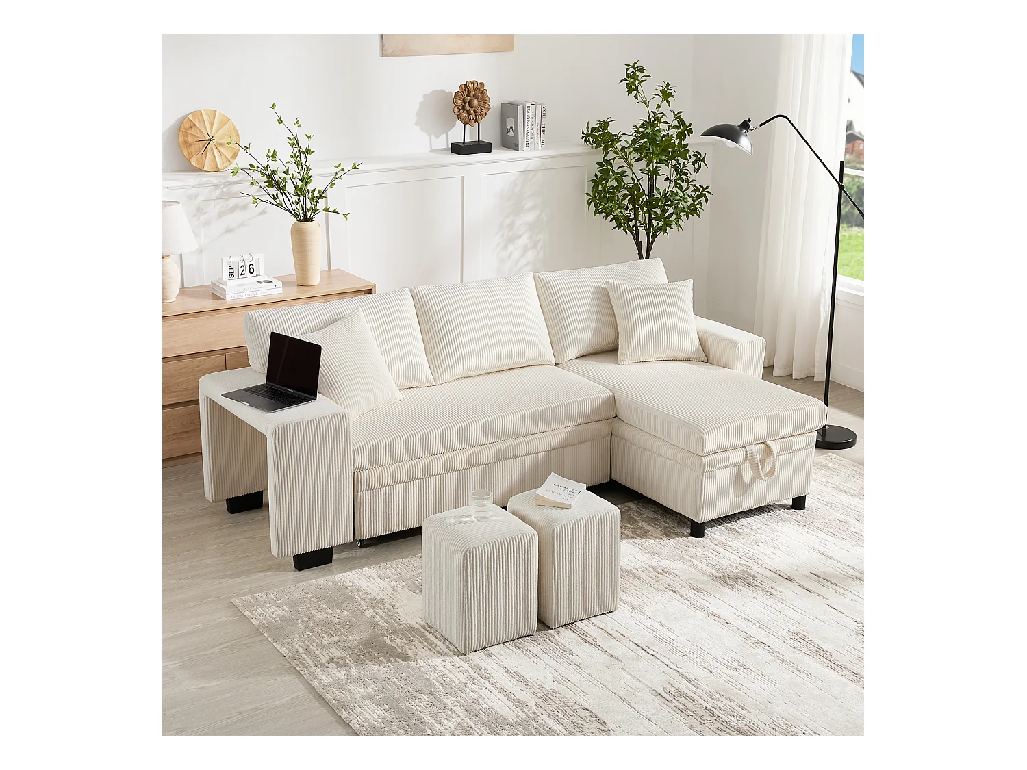 Canapé convertible lit 3 places - 231 x 131.5 x 84 cm - avec USB + coussins + rangement - velours - beige