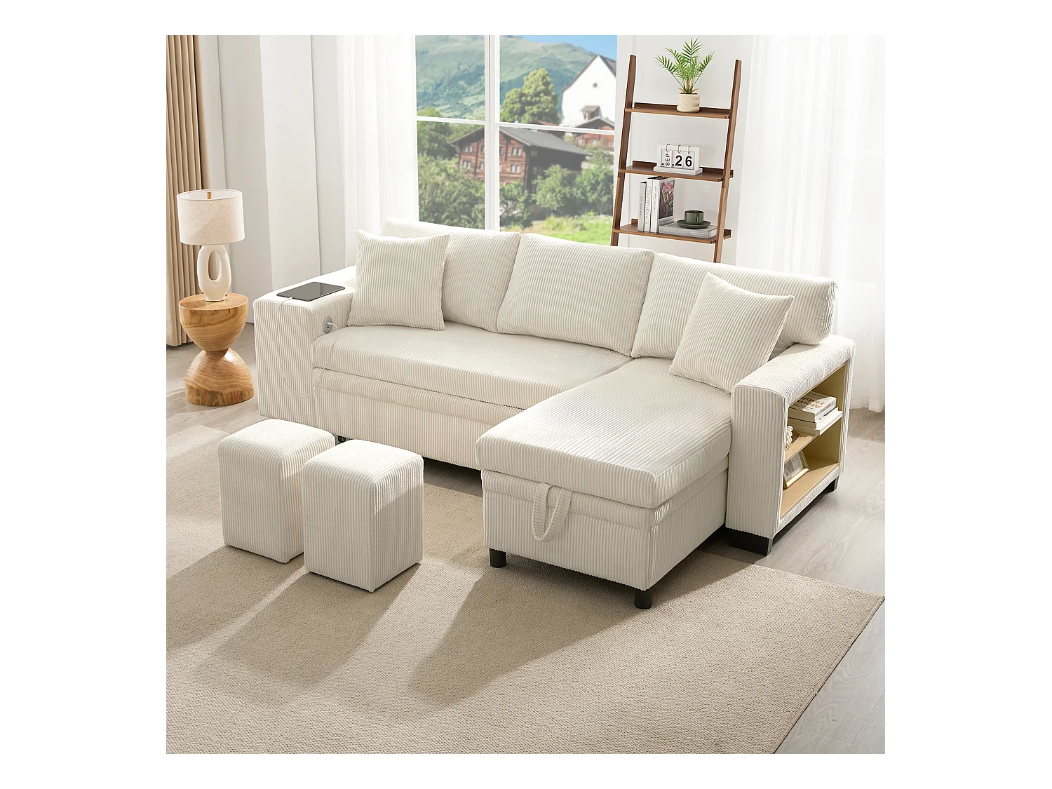 Canapé convertible lit 3 places - 231 x 131.5 x 84 cm - avec USB + coussins + rangement - velours - beige