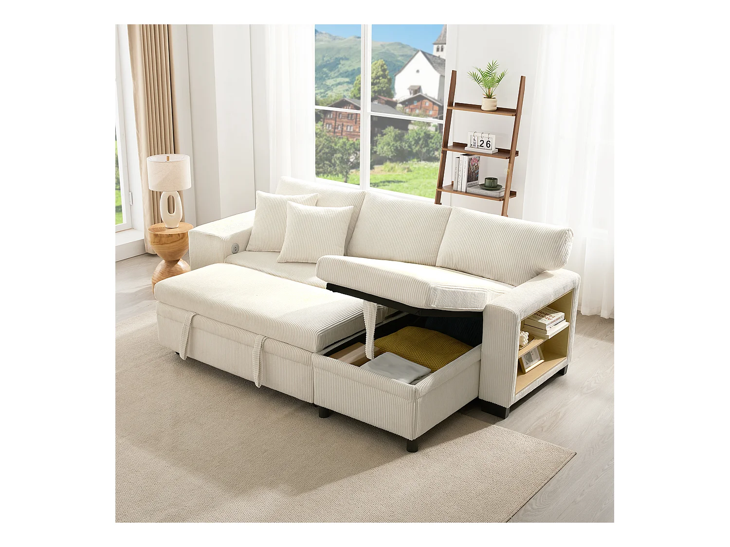 Canapé convertible lit 3 places - 231 x 131.5 x 84 cm - avec USB + coussins + rangement - velours - beige