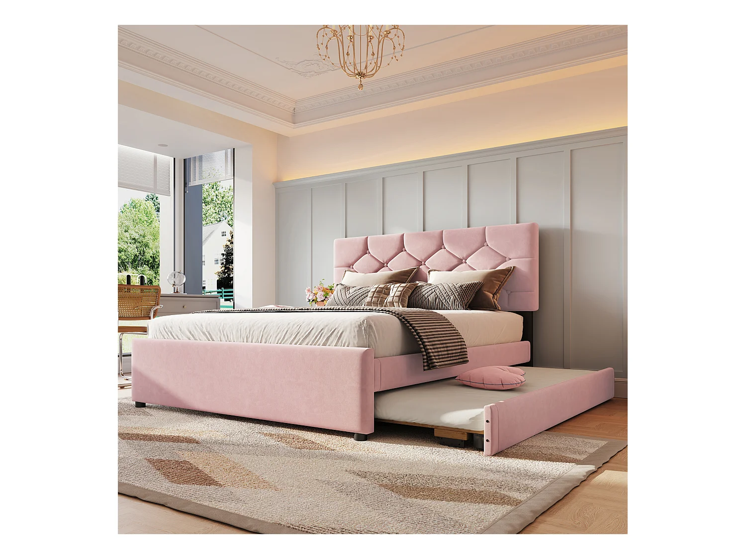 Lit gigogne enfant - 140 x 200 cm + 90 x 190 cm avec tête de lit - velours - rose (sans matelas)