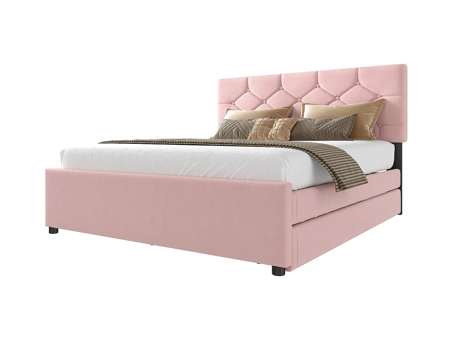 Lit gigogne enfant - 140 x 200 cm + 90 x 190 cm avec tête de lit - velours - rose (sans matelas)