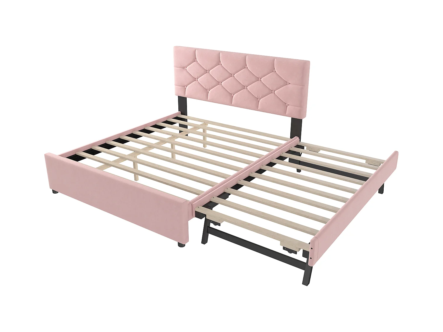 Lit gigogne enfant - 140 x 200 cm + 90 x 190 cm avec tête de lit - velours - rose (sans matelas)