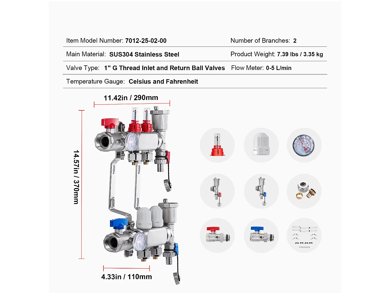 Ensemble de Chauffage SucceBuy par le Sol avec Collecteur de Chaleur Radiante à 2 Branches et Tubes PEX de 2.54/5.08cm