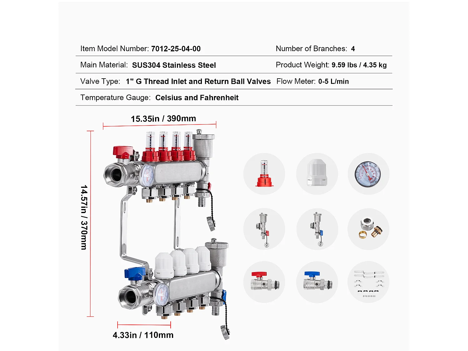 Collecteur de Chauffage Radiant SucceBuy à 4 Branches Ensemble de Collecteur de Chauffage par le Sol avec Tubes PEX de 2.54/5.08cm