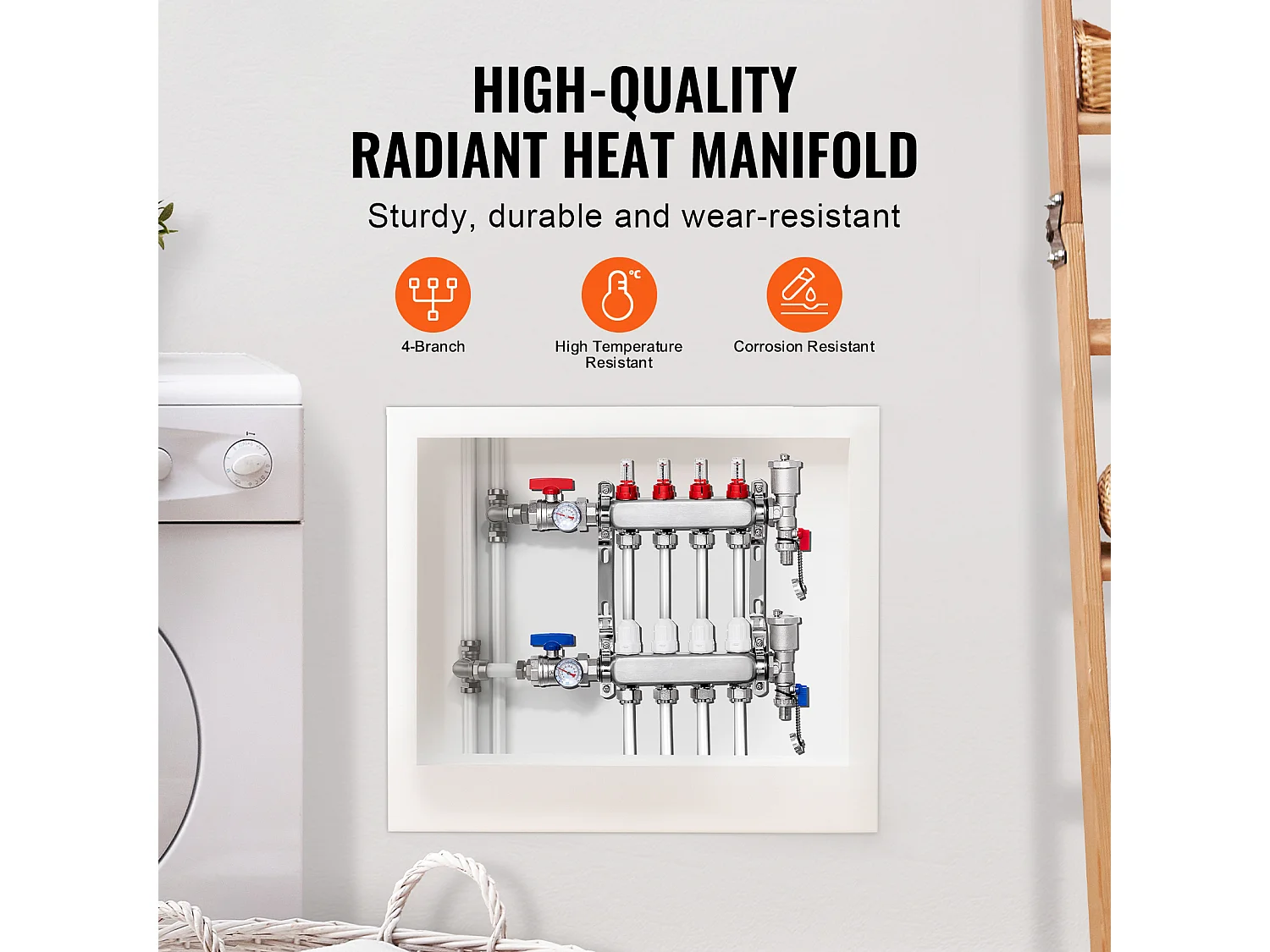 Collecteur de Chauffage Radiant SucceBuy à 4 Branches Ensemble de Collecteur de Chauffage par le Sol avec Tubes PEX de 2.54/5.08cm