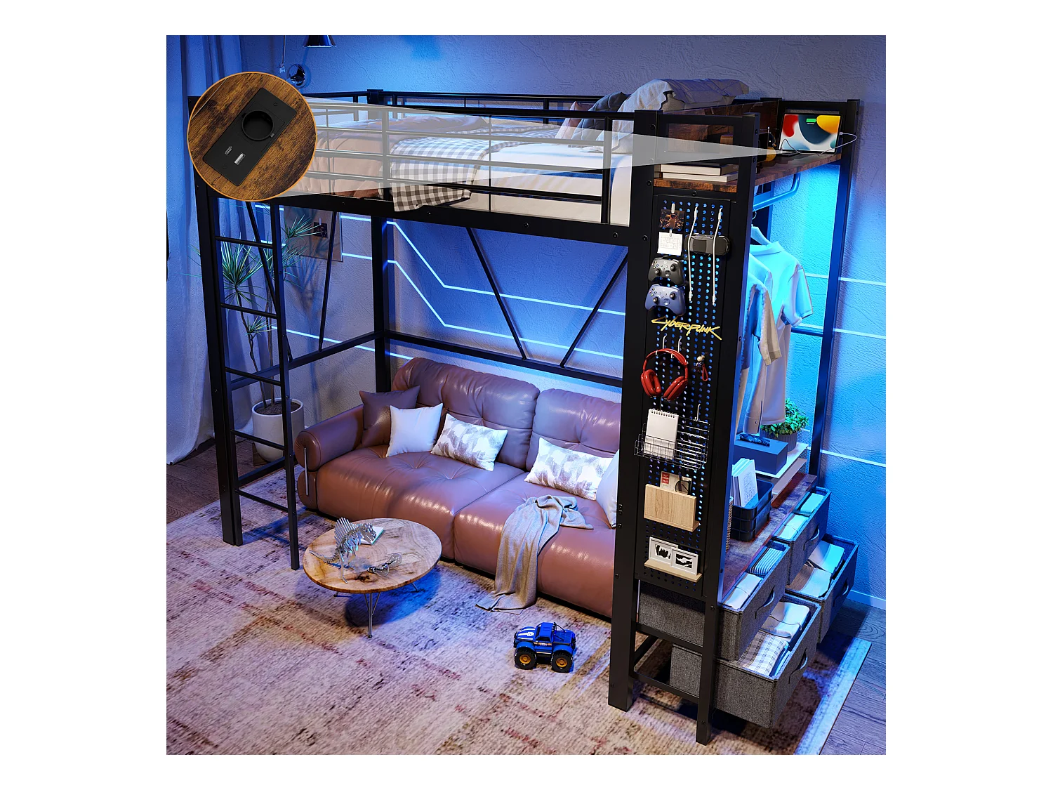 Lit mezzanine enfant - 90 x 200 cm - structure en fer - avec étagères + 4 tiroirs + Leds - métal - noir