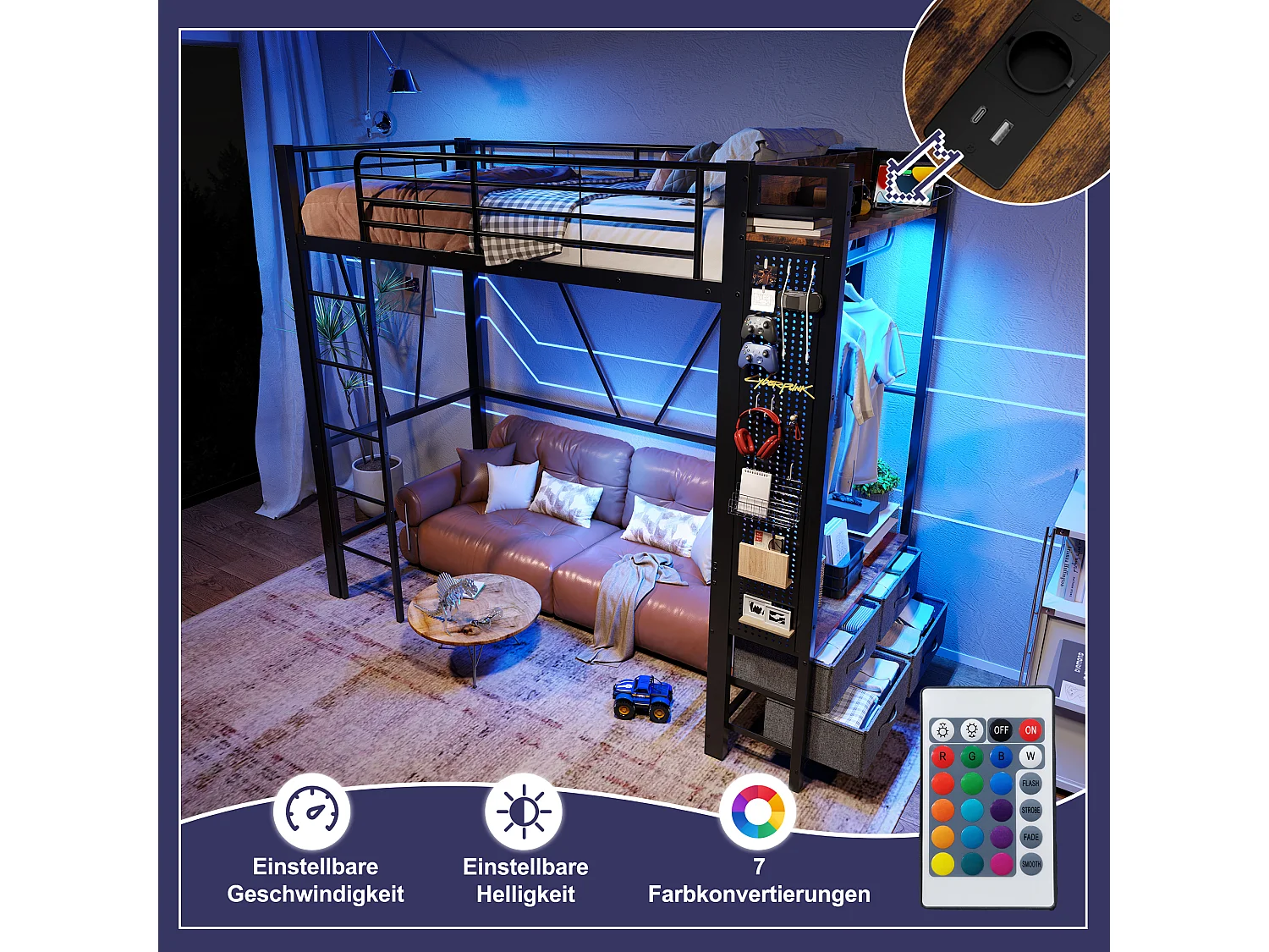 Kinderhochbett - 90 x 200 cm - Eisenkonstruktion - mit Regalen + 4 Schubladen + LEDs - Metall - schwarz