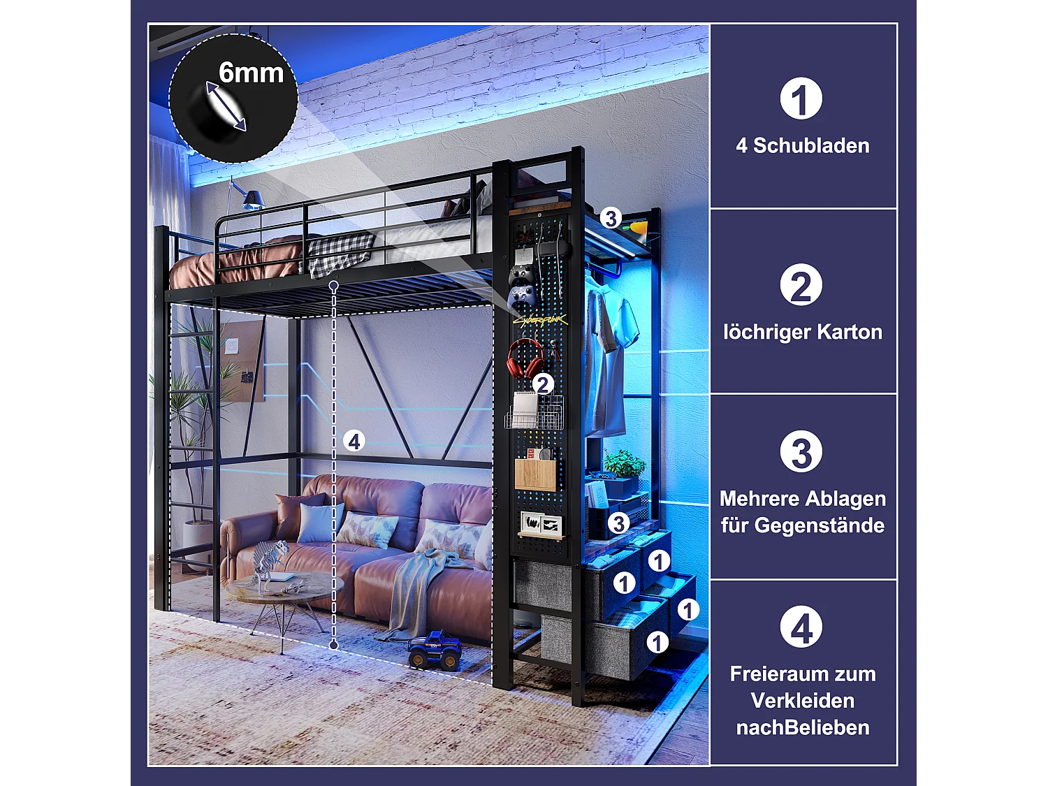 Kinderhochbett - 90 x 200 cm - Eisenkonstruktion - mit Regalen + 4 Schubladen + LEDs - Metall - schwarz