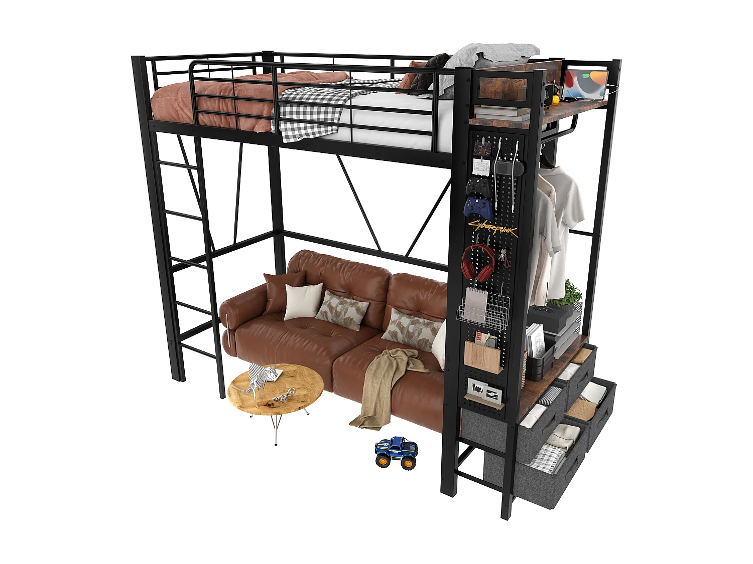 Kinderhochbett - 90 x 200 cm - Eisenkonstruktion - mit Regalen + 4 Schubladen + LEDs - Metall - schwarz