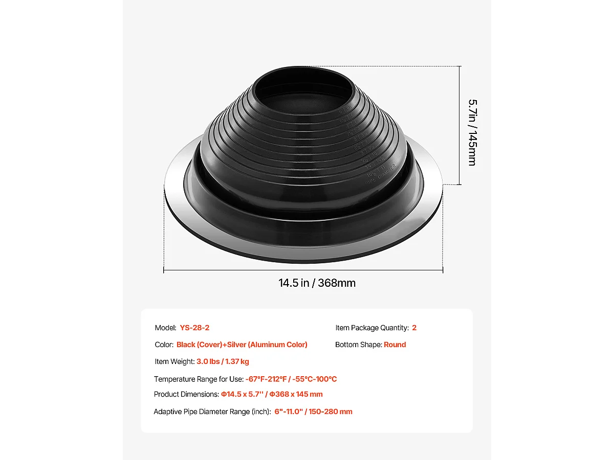 Bottes de Solin pour Tuyaux SucceBuy Lot de 2 de Toit pour Tuyaux de 15 à 28 cm, EDPM Flexible, Résistant aux Hautes Températures, Base en Métal Durable