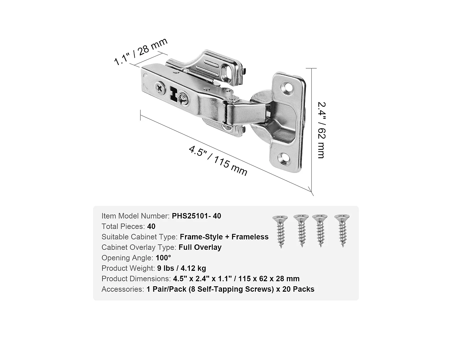 Charnières de Porte d'Armoire à Fermeture Douce SucceBuy, Pour Type Encadré/Sans Cadre Superposition Complète 40 Paquets