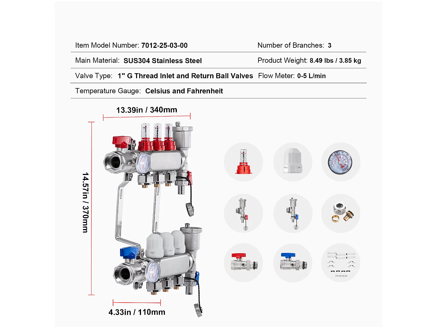 Collecteur de Chauffage Radiant SucceBuy à 3 Branches Ensemble de Collecteur de Chauffage par le Sol avec Tubes PEX de 2.54/5.08cm