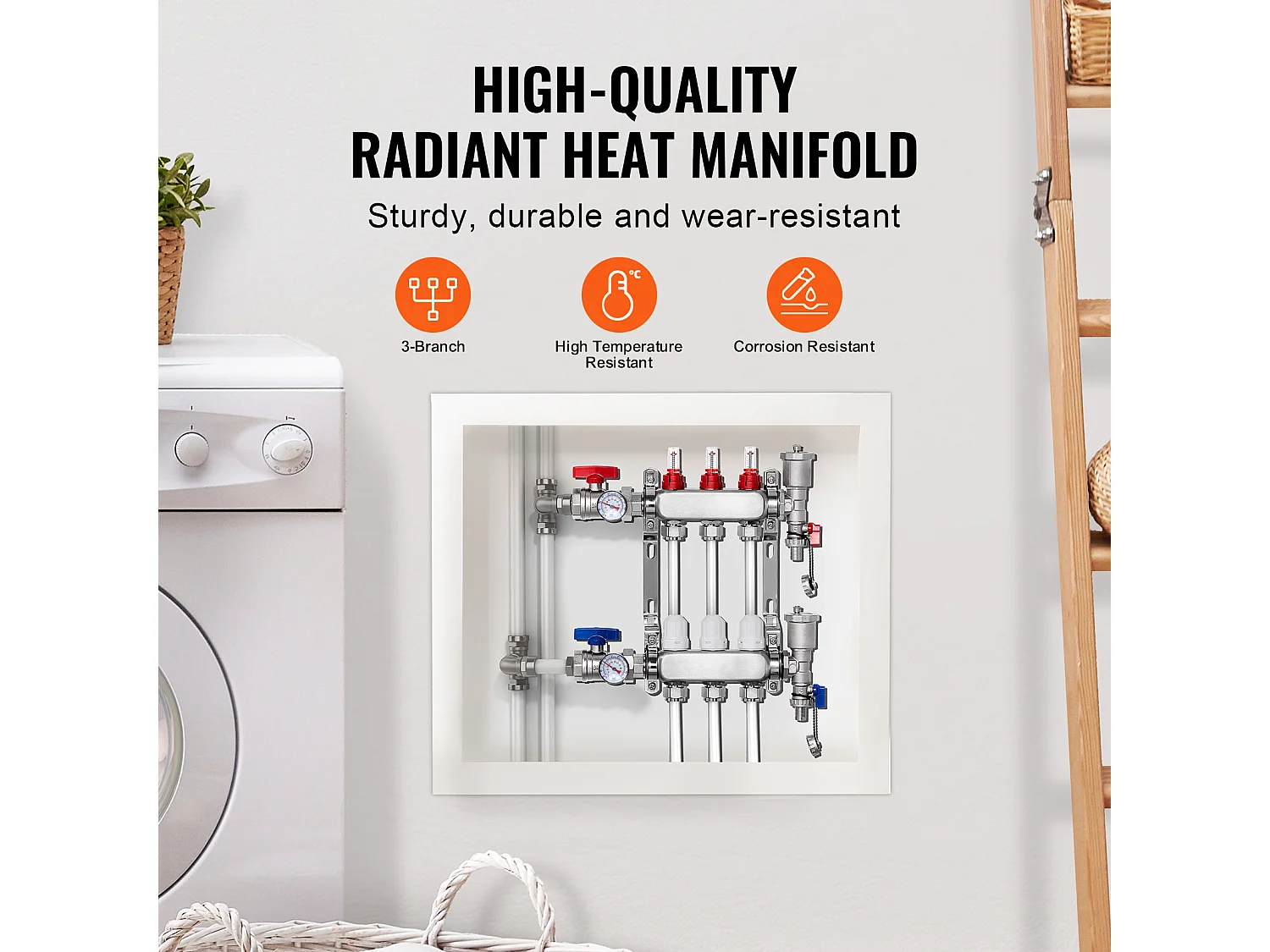 Collecteur de Chauffage Radiant SucceBuy à 3 Branches Ensemble de Collecteur de Chauffage par le Sol avec Tubes PEX de 2.54/5.08cm