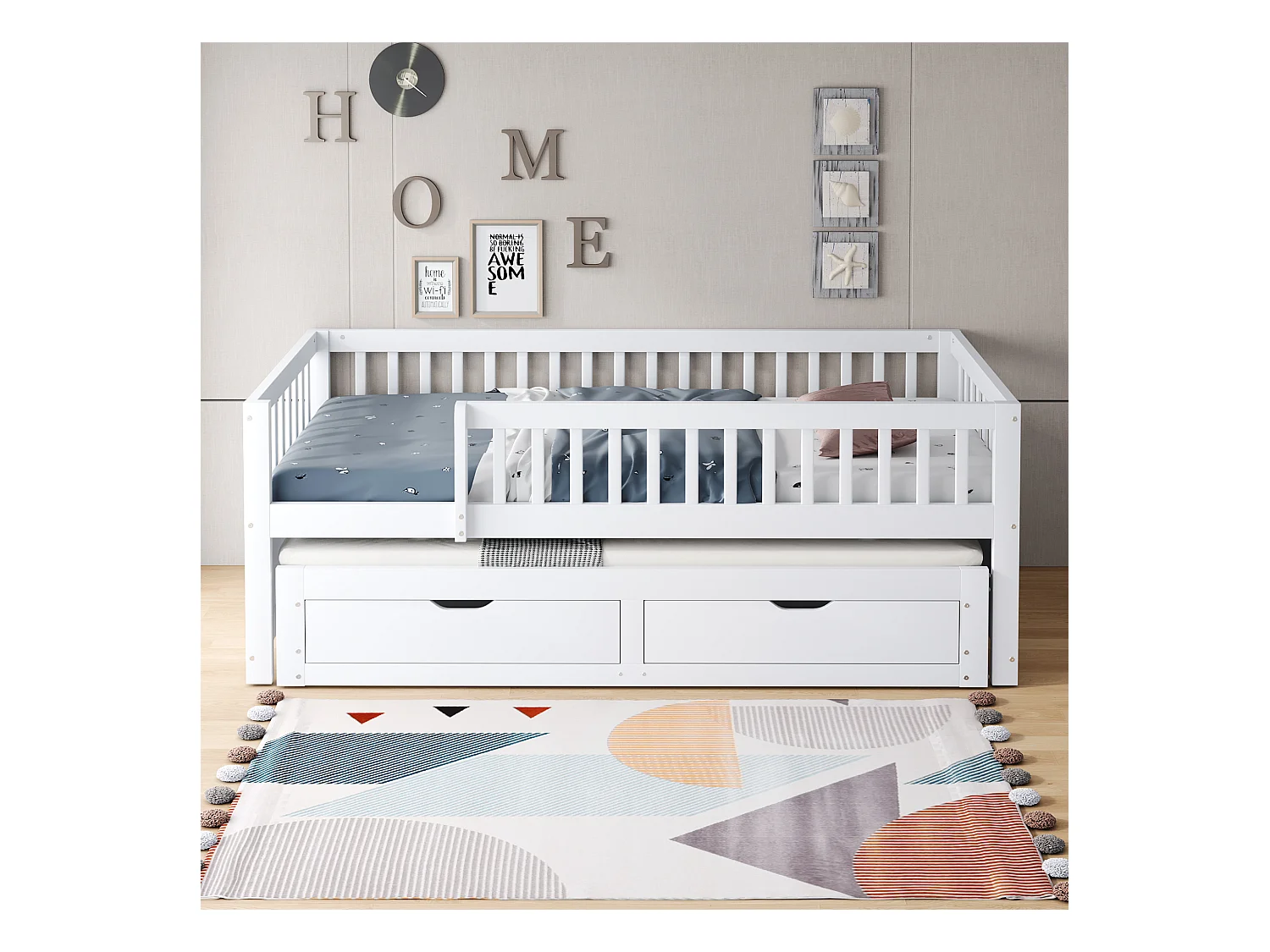 Divano letto per bambini - 90 x 200 cm + 90 x 190 cm - barriera di sicurezza - letto estraibile con 2 cassetti - legno - bianco