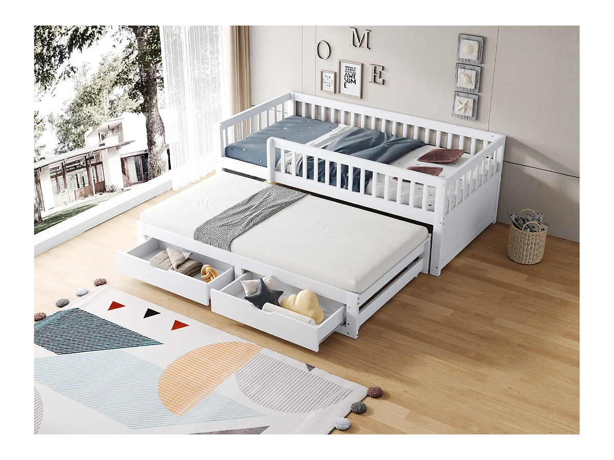Divano letto per bambini - 90 x 200 cm + 90 x 190 cm - barriera di sicurezza - letto estraibile con 2 cassetti - legno - bianco