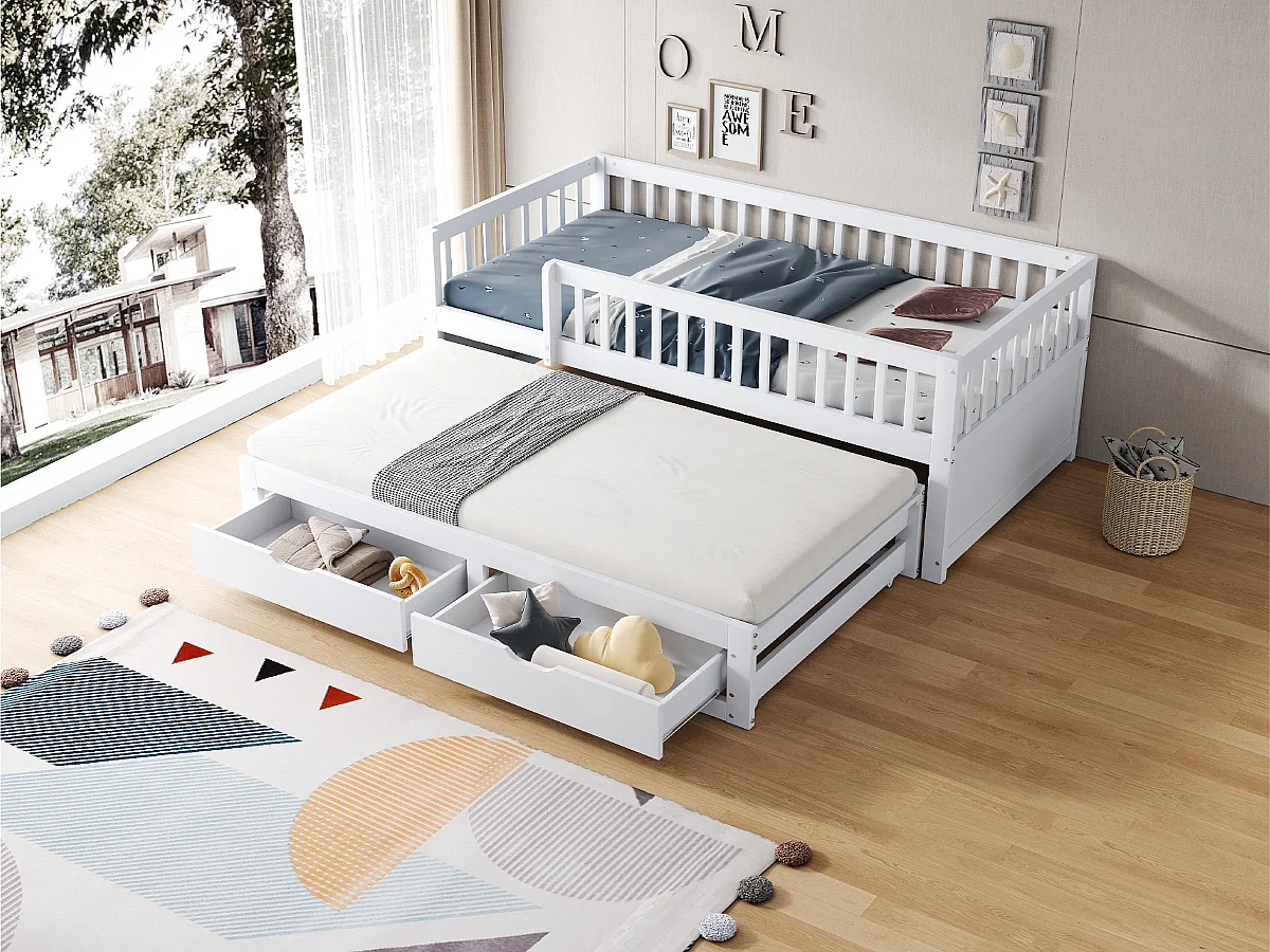Sofa dziecięca rozkładana - 90 x 200 cm + 90 x 190 cm - barierka zabezpieczająca - łóżko wysuwane z 2 szufladami - drewno - kolor biały