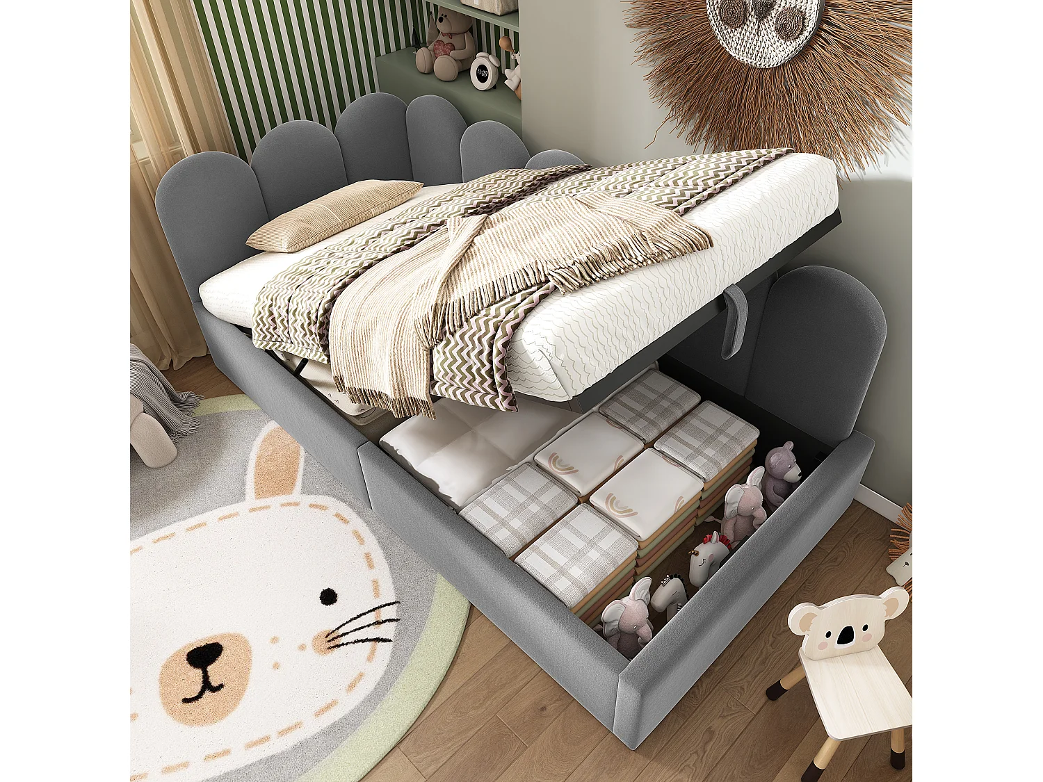 Gepolstertes Schlafsofa mit Stauraum für Kinder - 90 x 190 cm - Samt + Metall + Sperrholz - Grau