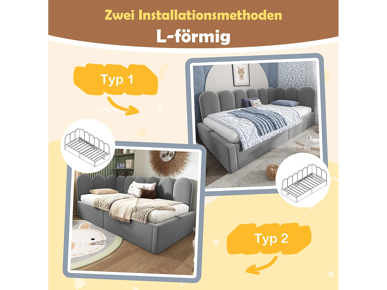 Gepolstertes Schlafsofa mit Stauraum für Kinder - 90 x 190 cm - Samt + Metall + Sperrholz - Grau