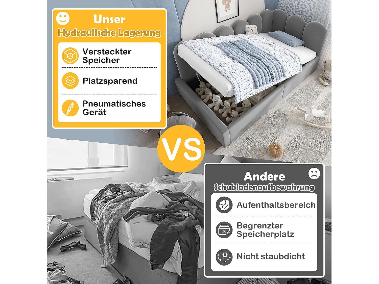 Gepolstertes Schlafsofa mit Stauraum für Kinder - 90 x 190 cm - Samt + Metall + Sperrholz - Grau