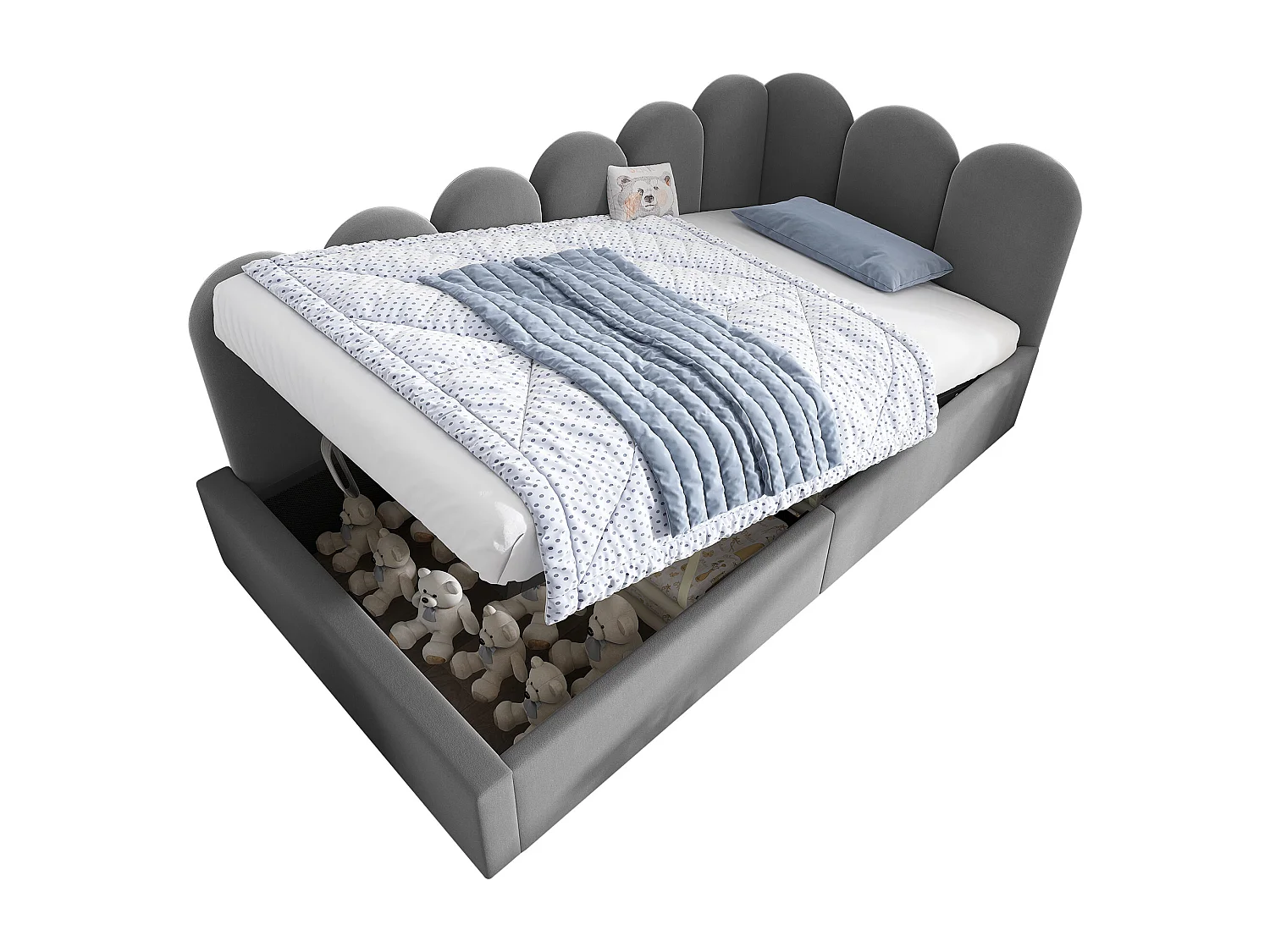 Gepolstertes Schlafsofa mit Stauraum für Kinder - 90 x 190 cm - Samt + Metall + Sperrholz - Grau