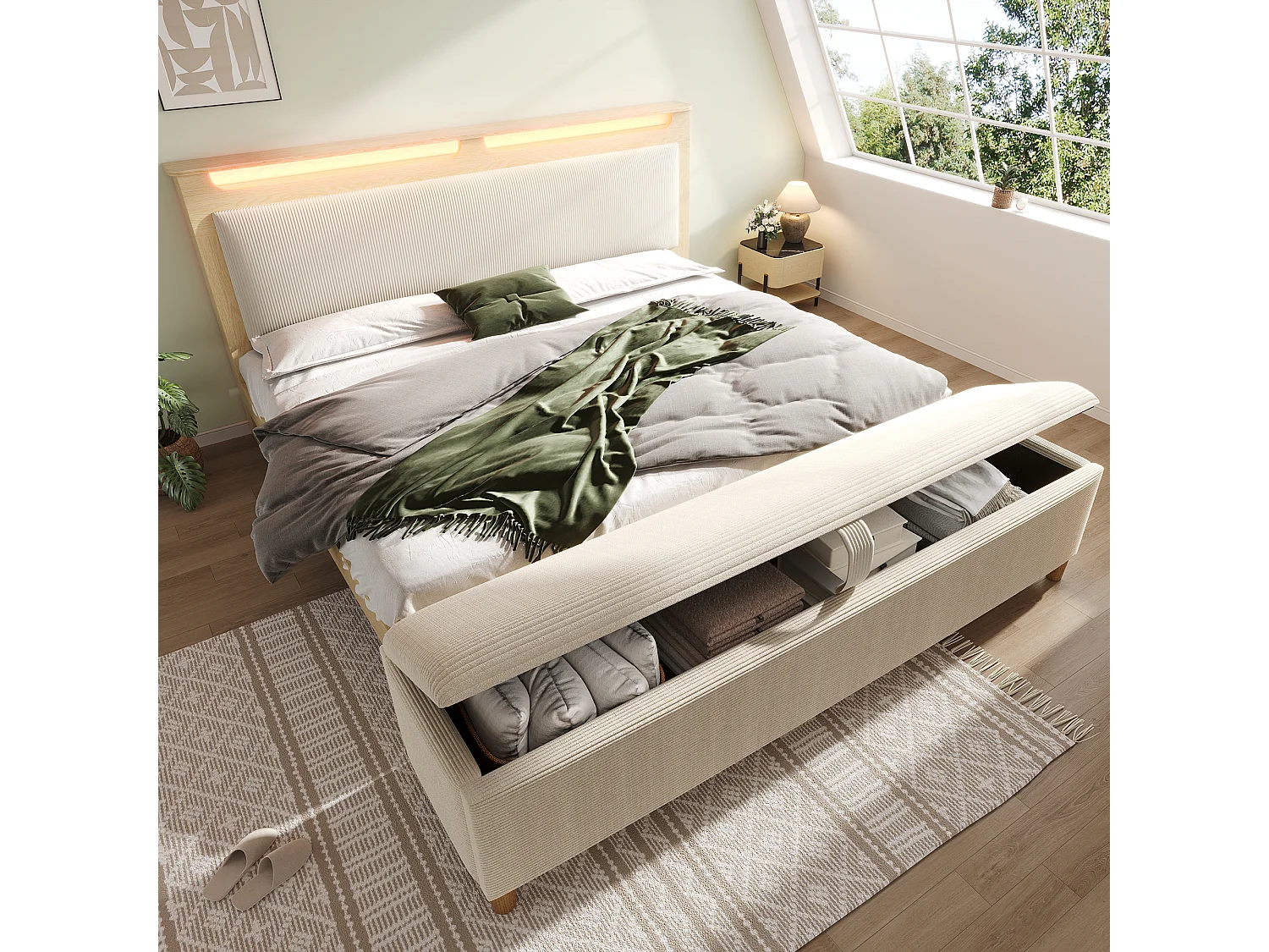 Lit double banquette coffre - 160 x 200 cm - tête de lit rangement + Leds - MDF - beige