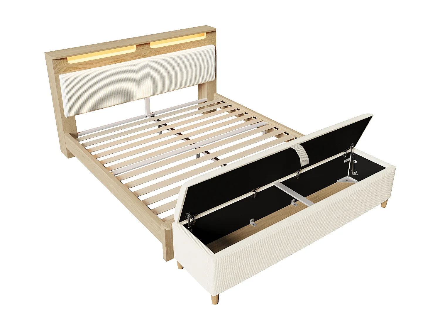 Lit double banquette coffre - 160 x 200 cm - tête de lit rangement + Leds - MDF - beige