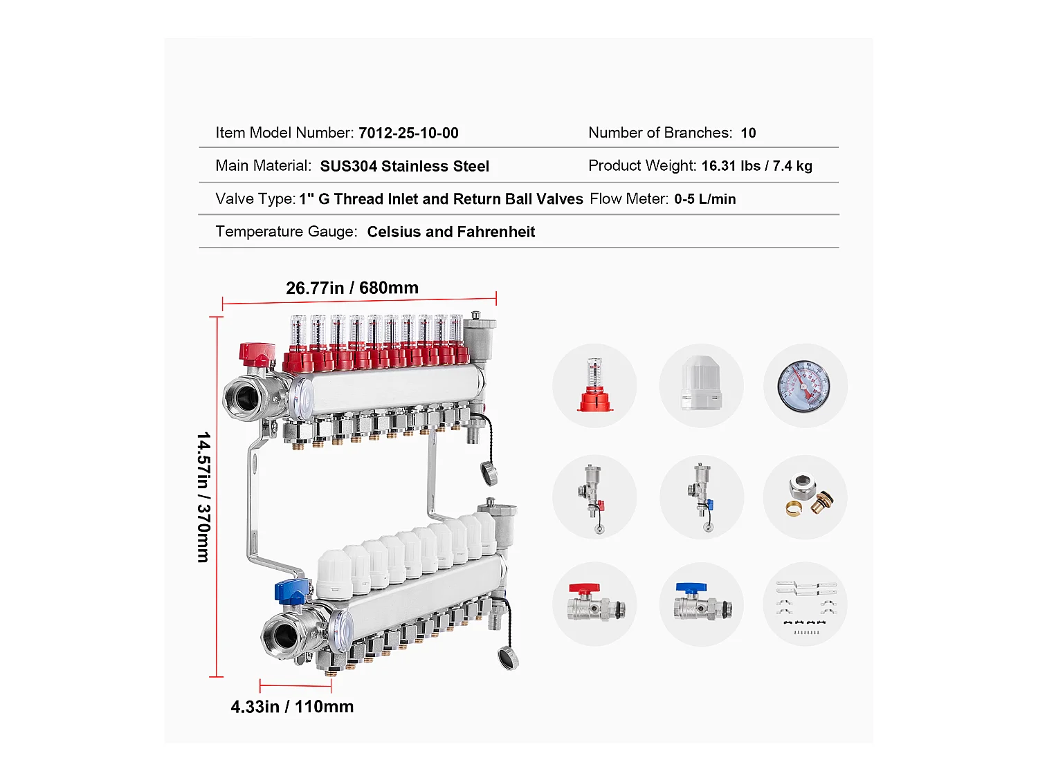 Collecteur de Chauffage Radiant SucceBuy à 10 Branches Ensemble de Collecteur de Chauffage par le Sol avec Tubes PEX de 2.54/5.08cm