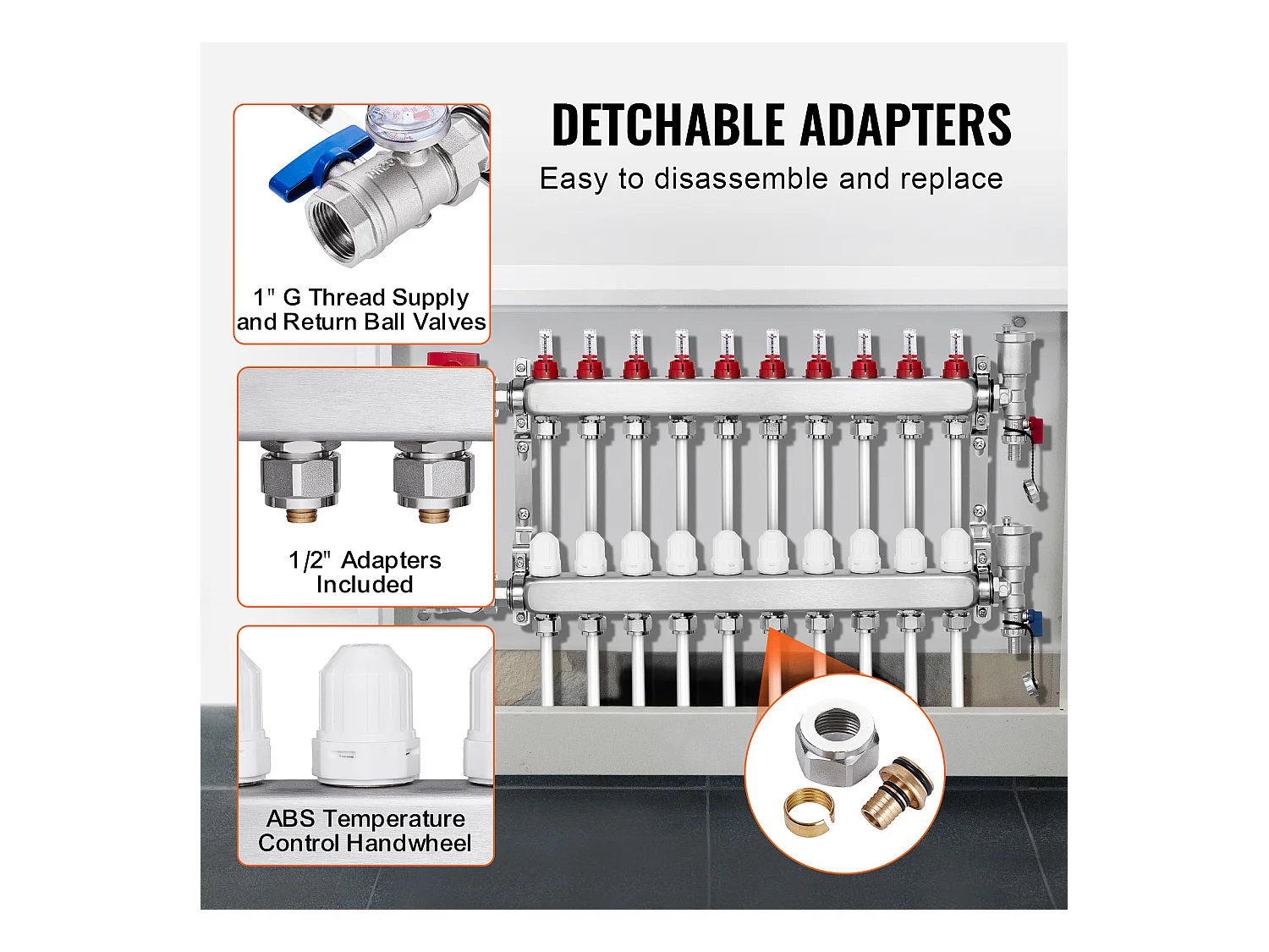 Collecteur de Chauffage Radiant SucceBuy à 10 Branches Ensemble de Collecteur de Chauffage par le Sol avec Tubes PEX de 2.54/5.08cm