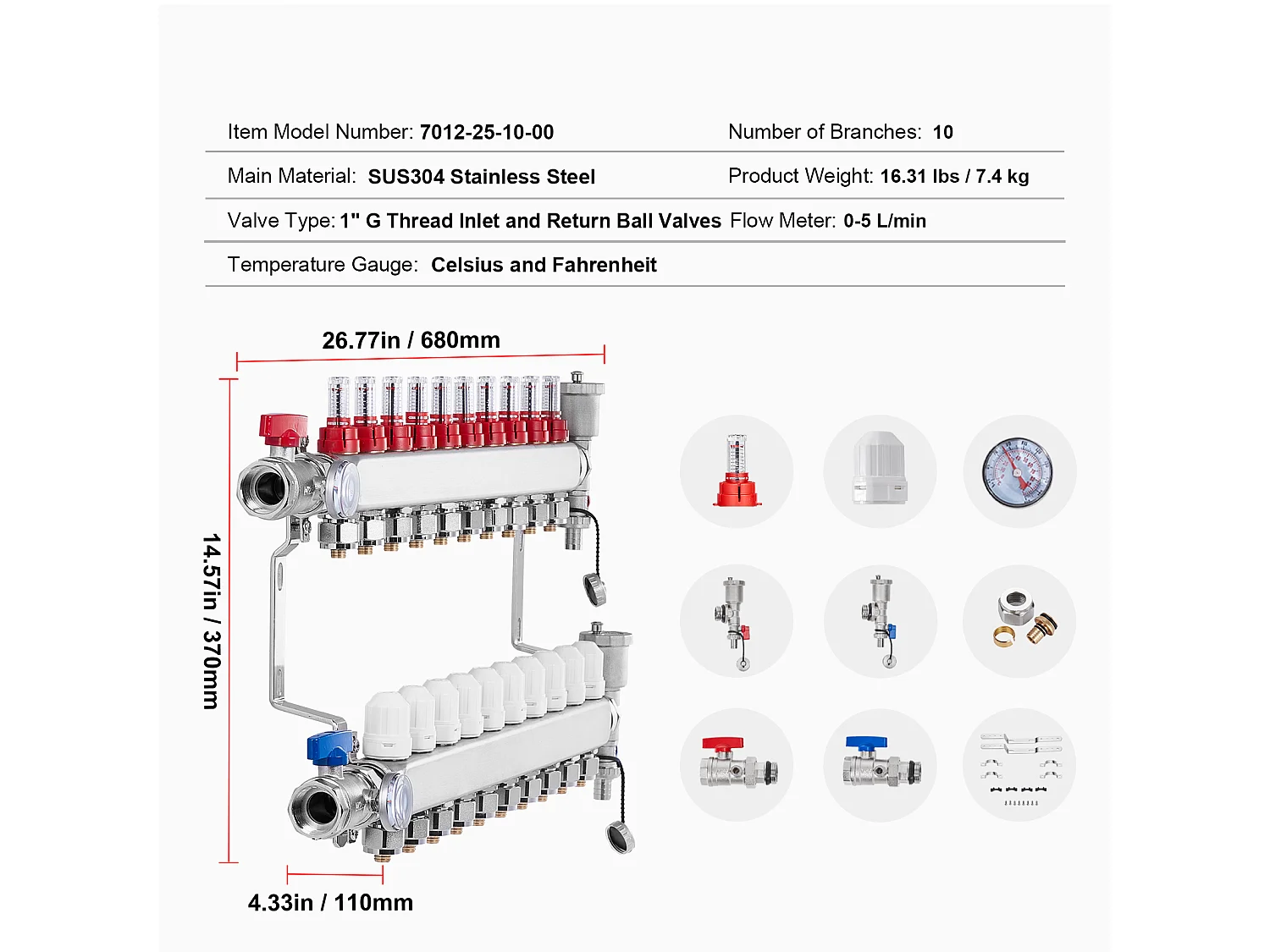 Collecteur de Chauffage Radiant SucceBuy à 10 Branches Ensemble de Collecteur de Chauffage par le Sol avec Tubes PEX de 2.54/5.08cm