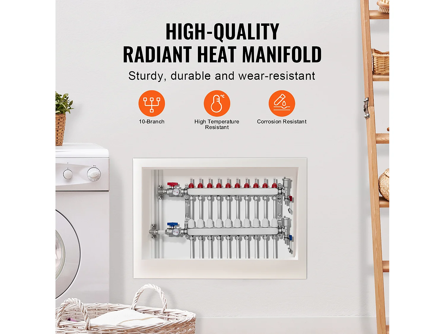 Collecteur de Chauffage Radiant SucceBuy à 10 Branches Ensemble de Collecteur de Chauffage par le Sol avec Tubes PEX de 2.54/5.08cm