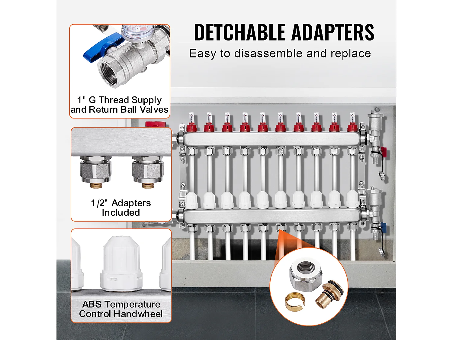 Collecteur de Chauffage Radiant SucceBuy à 10 Branches Ensemble de Collecteur de Chauffage par le Sol avec Tubes PEX de 2.54/5.08cm