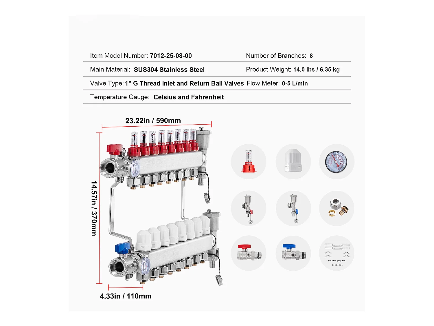 Collecteur PEX à 8 Branches SucceBuy pour Chauffage par le Sol avec Adaptateurs 2.54/5.08cm