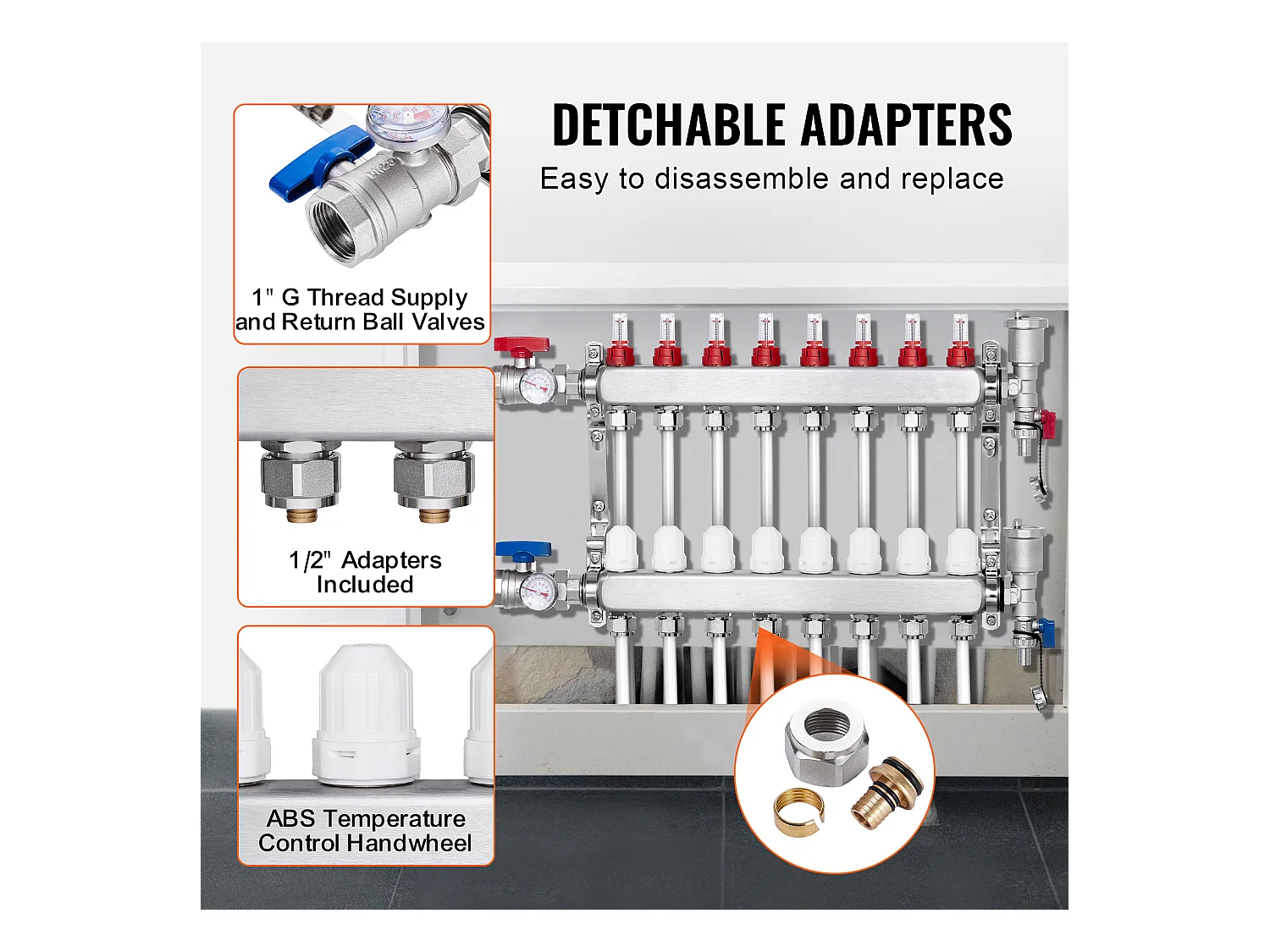 Collecteur PEX à 8 Branches SucceBuy pour Chauffage par le Sol avec Adaptateurs 2.54/5.08cm