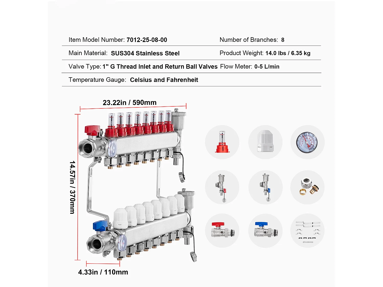 Collettore PEX a 8 Rami SucceBuy per Riscaldamento a Pavimento con Adattatori 2.54/5.08cm