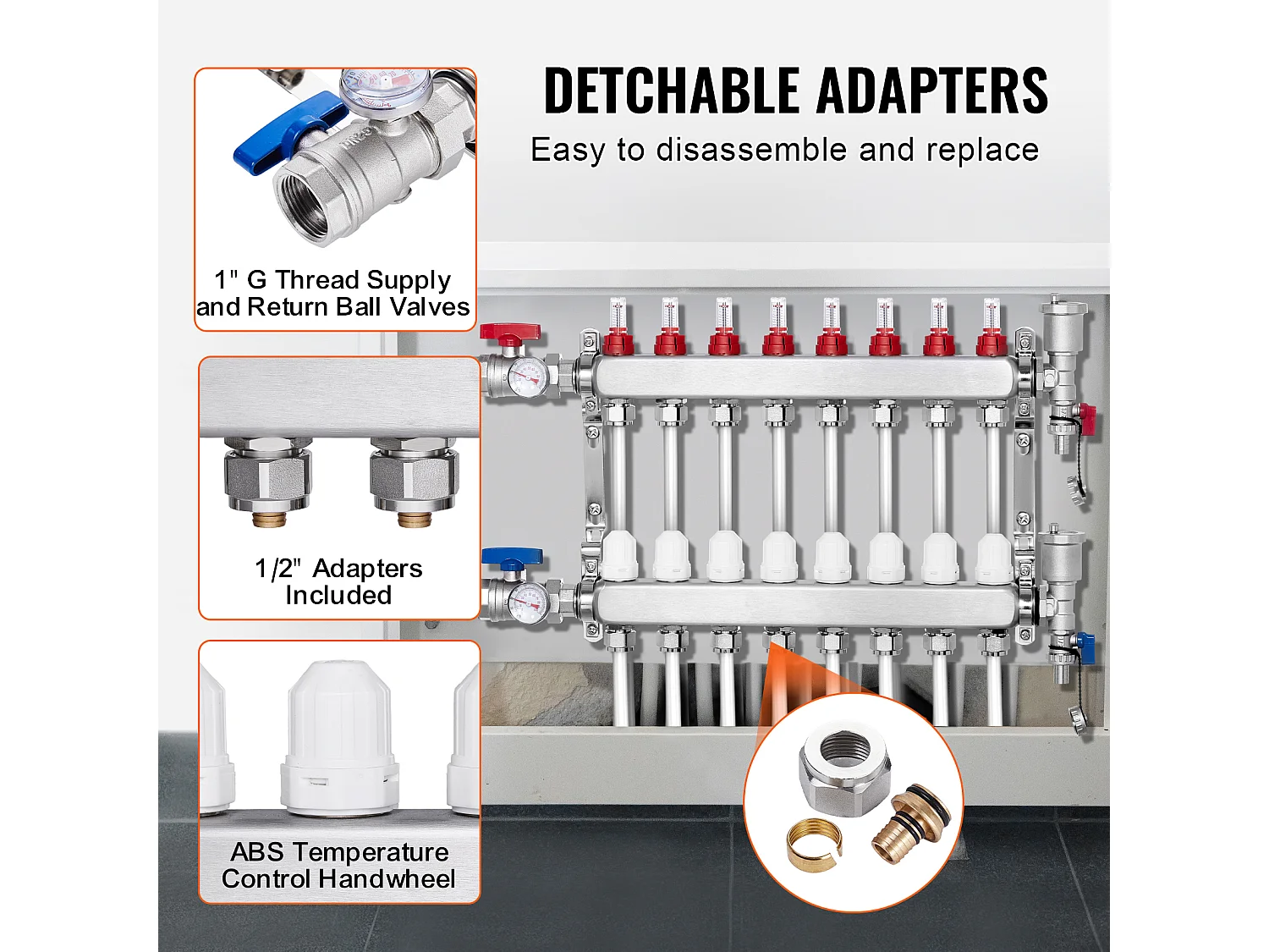 Collettore PEX a 8 Rami SucceBuy per Riscaldamento a Pavimento con Adattatori 2.54/5.08cm
