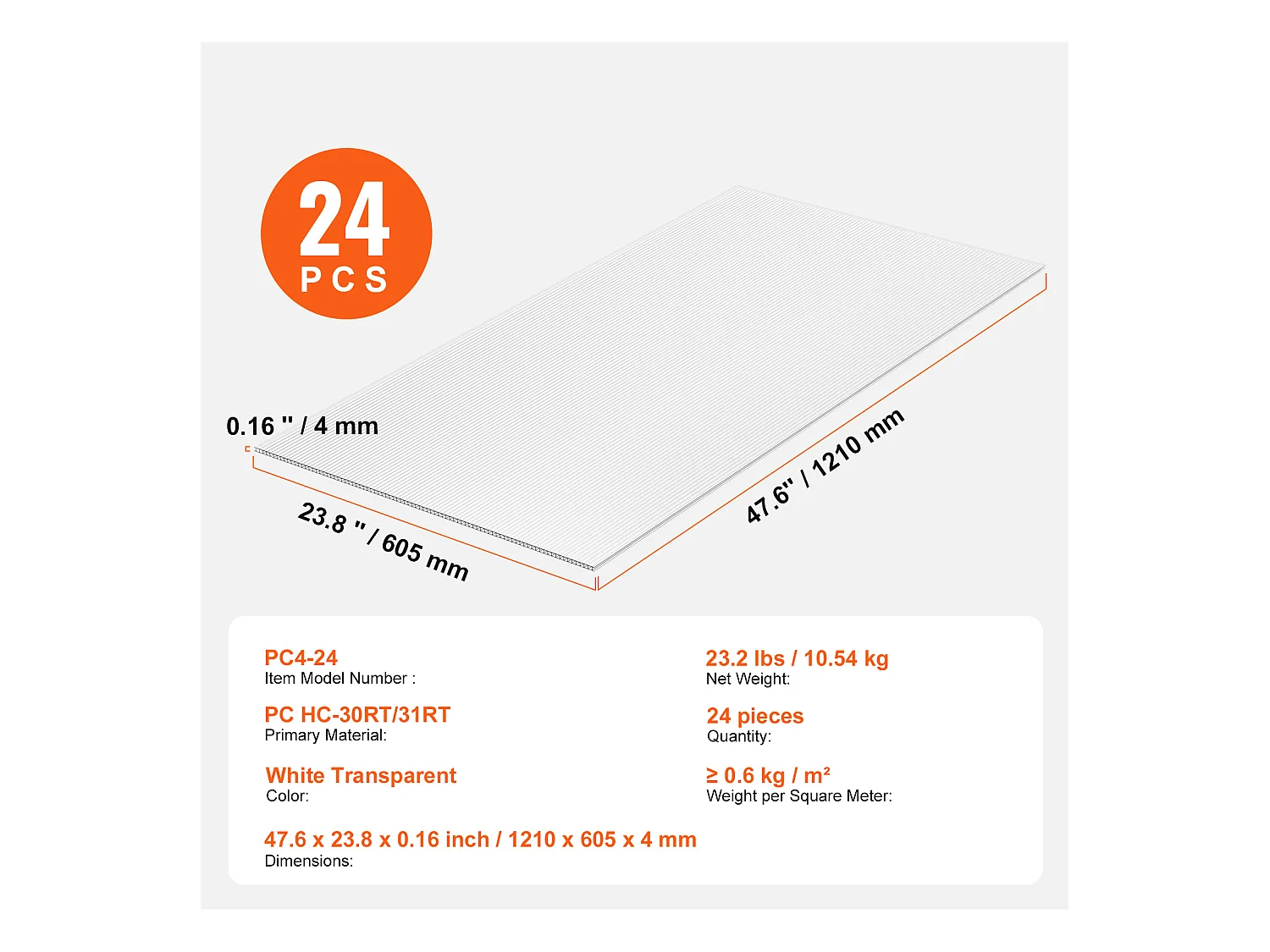 Panneaux de Serre SucceBuy en Polycarbonate pour Serre Lot de 24, 61cm X 122 cm X 0.4 cm
