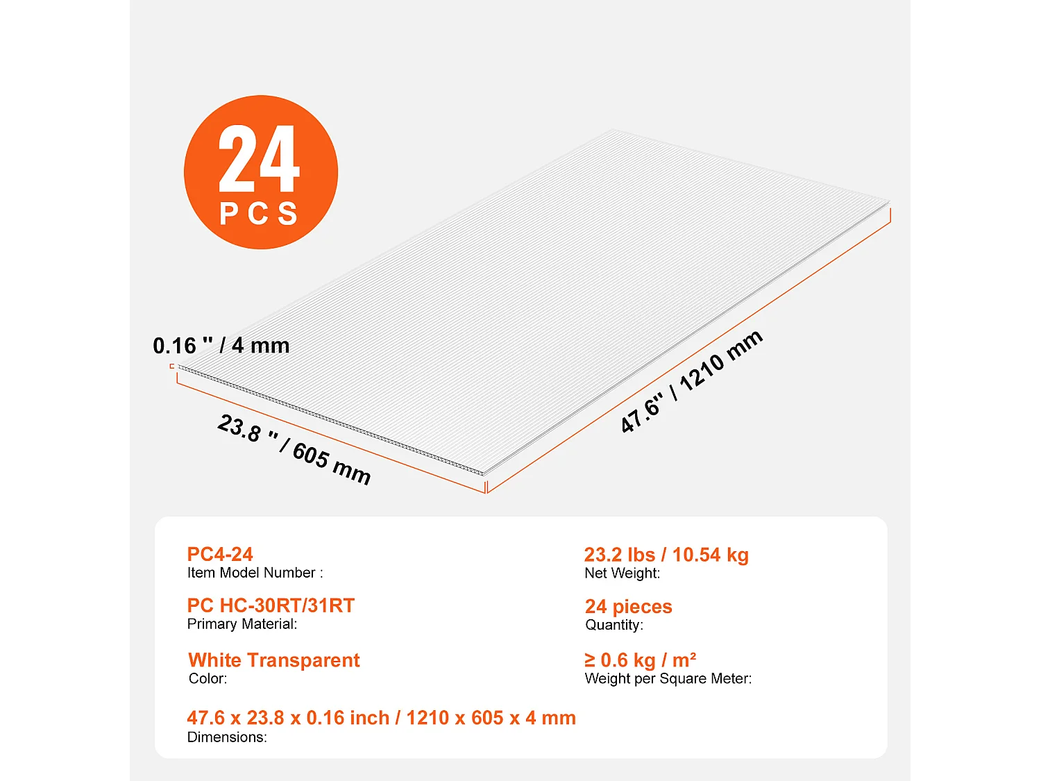 Panneaux de Serre SucceBuy en Polycarbonate pour Serre Lot de 24, 61cm X 122 cm X 0.4 cm