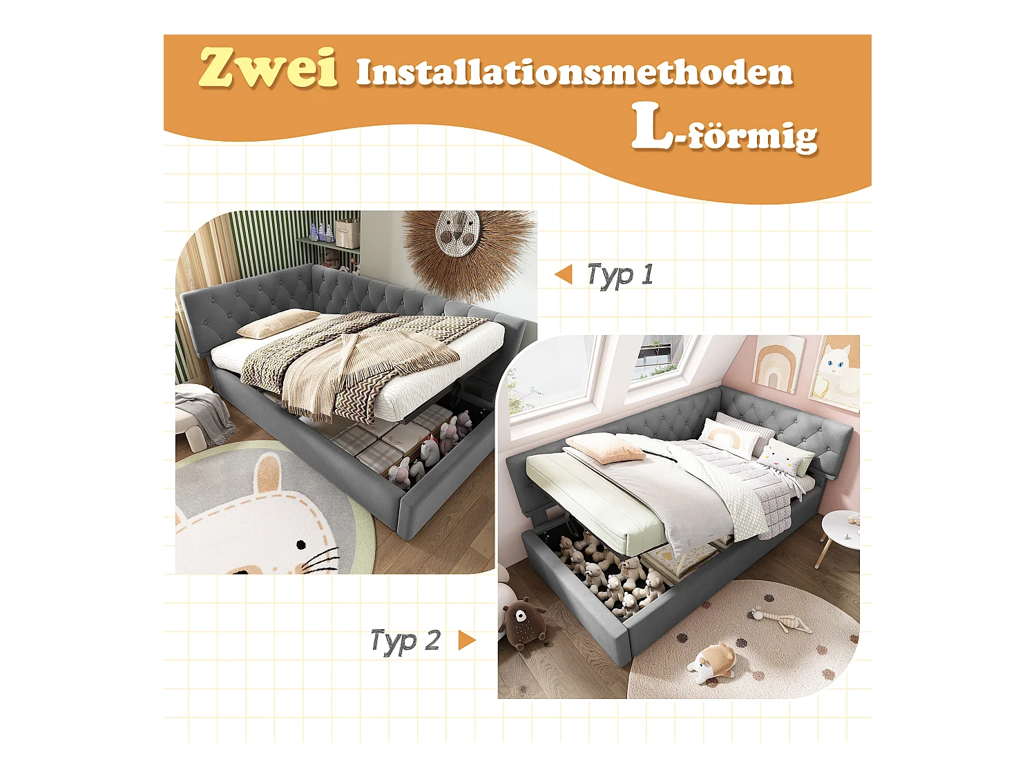 Canapé-lit rembourré pour enfant - 90 x 190 cm - avec rangement hydraulique - velours - gris