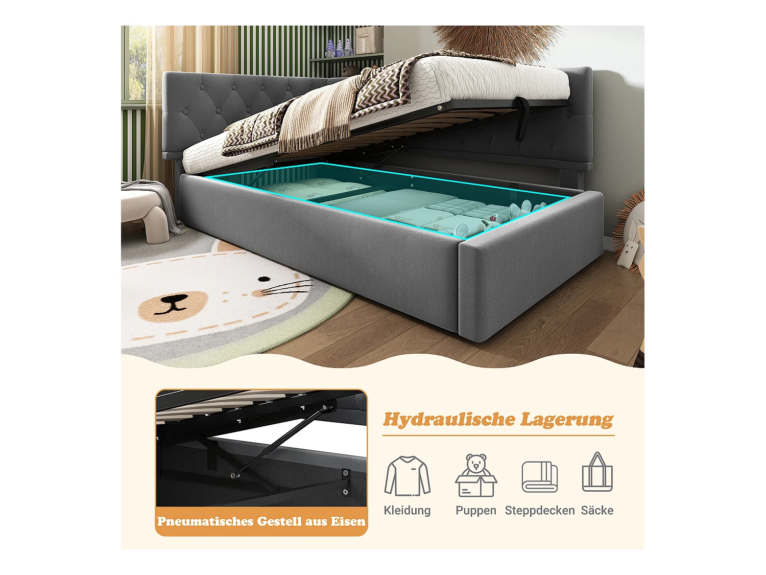 Canapé-lit rembourré pour enfant - 90 x 190 cm - avec rangement hydraulique - velours - gris