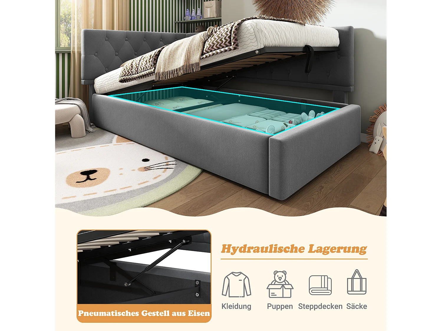 Canapé-lit rembourré pour enfant - 90 x 190 cm - avec rangement hydraulique - velours - gris