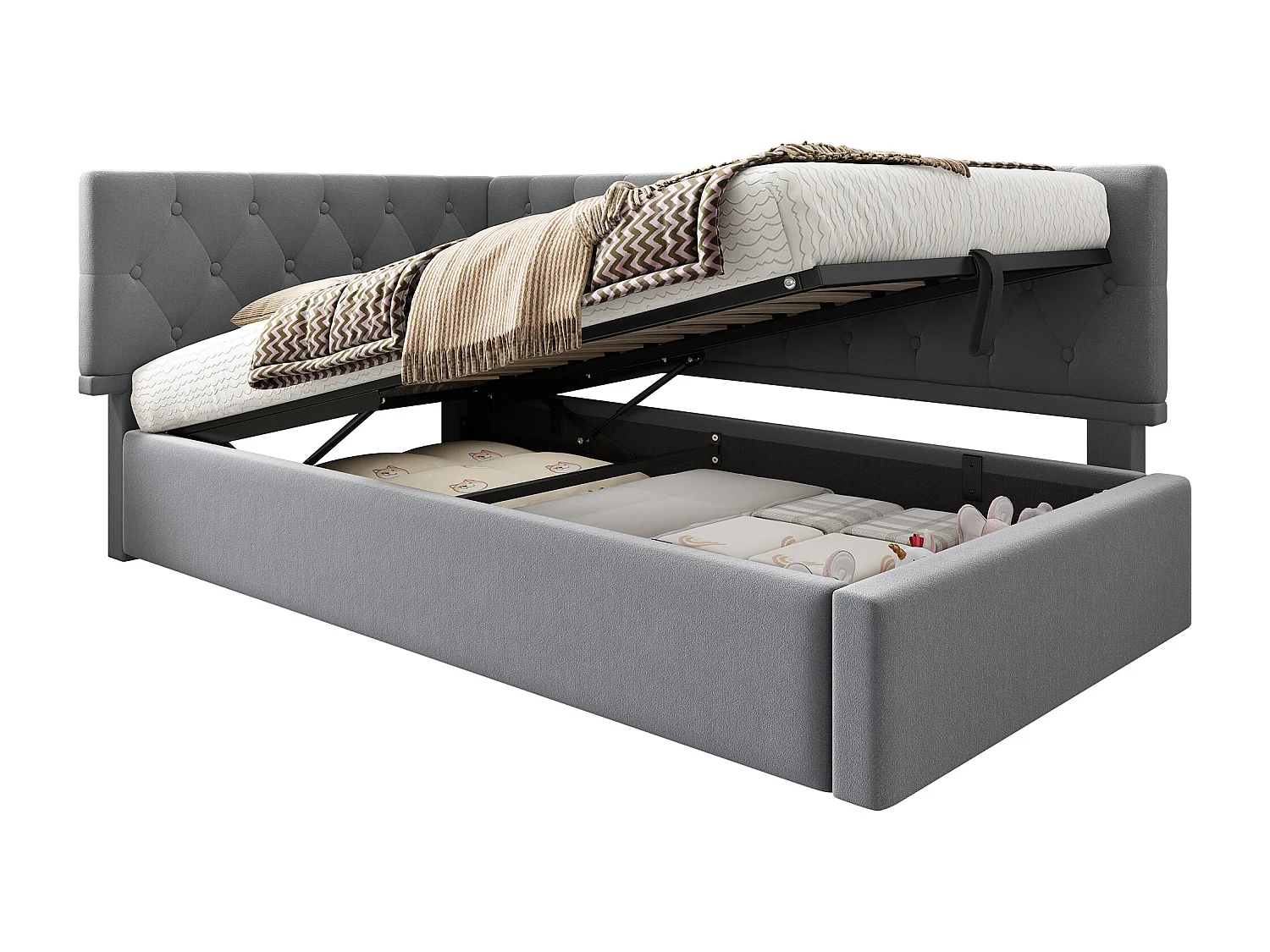 Canapé-lit rembourré pour enfant - 90 x 190 cm - avec rangement hydraulique - velours - gris