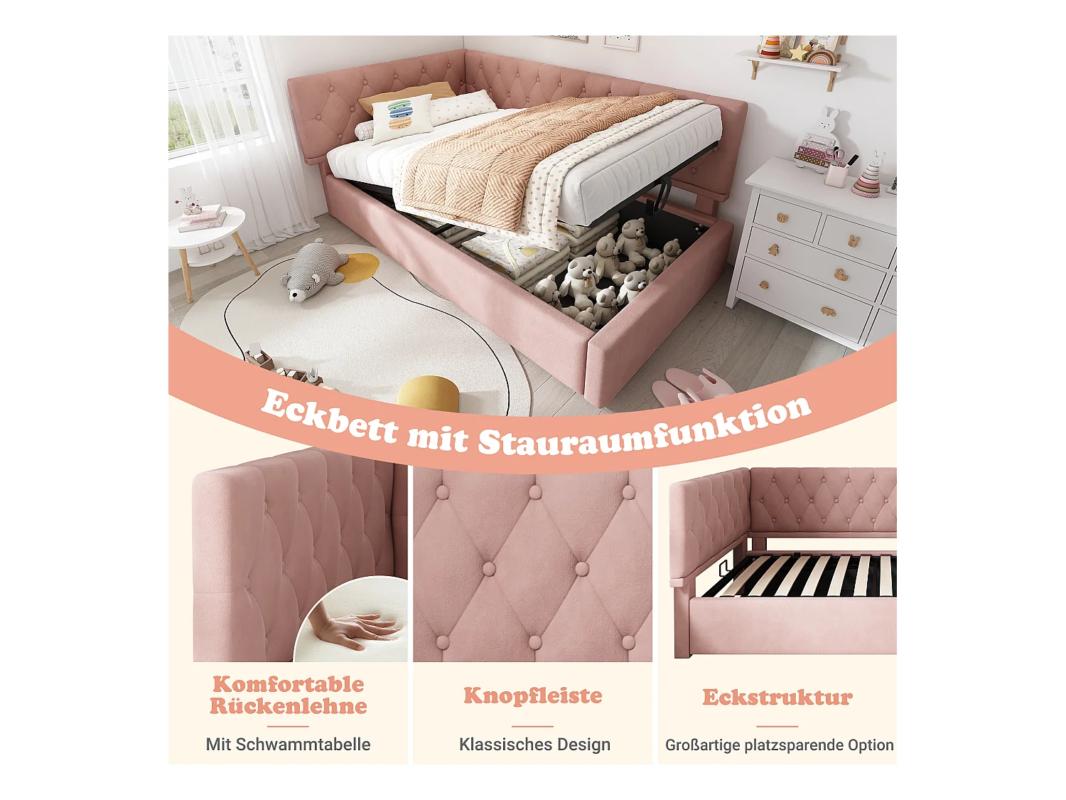 Canapé-lit rembourré pour enfant - 90 x 190 cm - avec rangement hydraulique - velours - rose