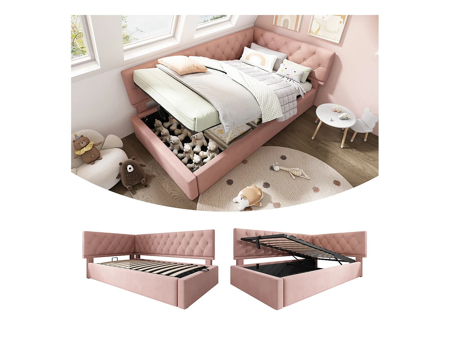 Sofá cama infantil tapizado - 90 x 190 cm - con almacenaje hidráulico - terciopelo - rosa