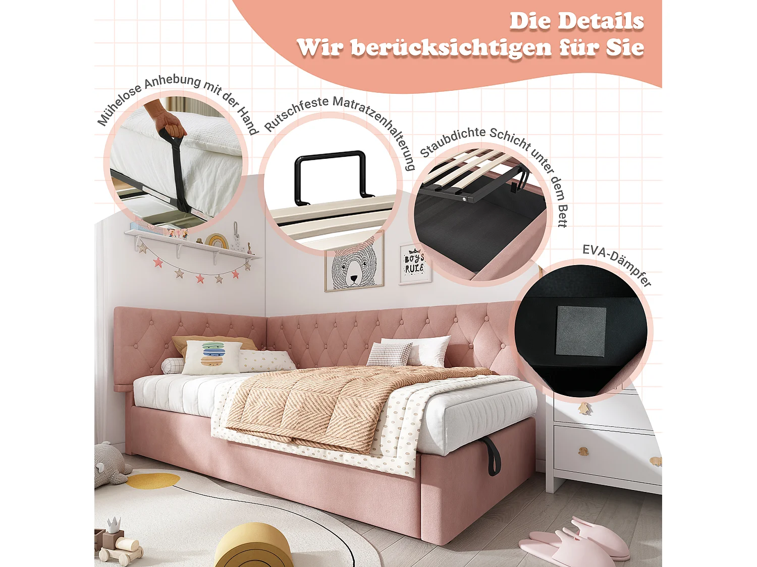 Canapé-lit rembourré pour enfant - 90 x 190 cm - avec rangement hydraulique - velours - rose