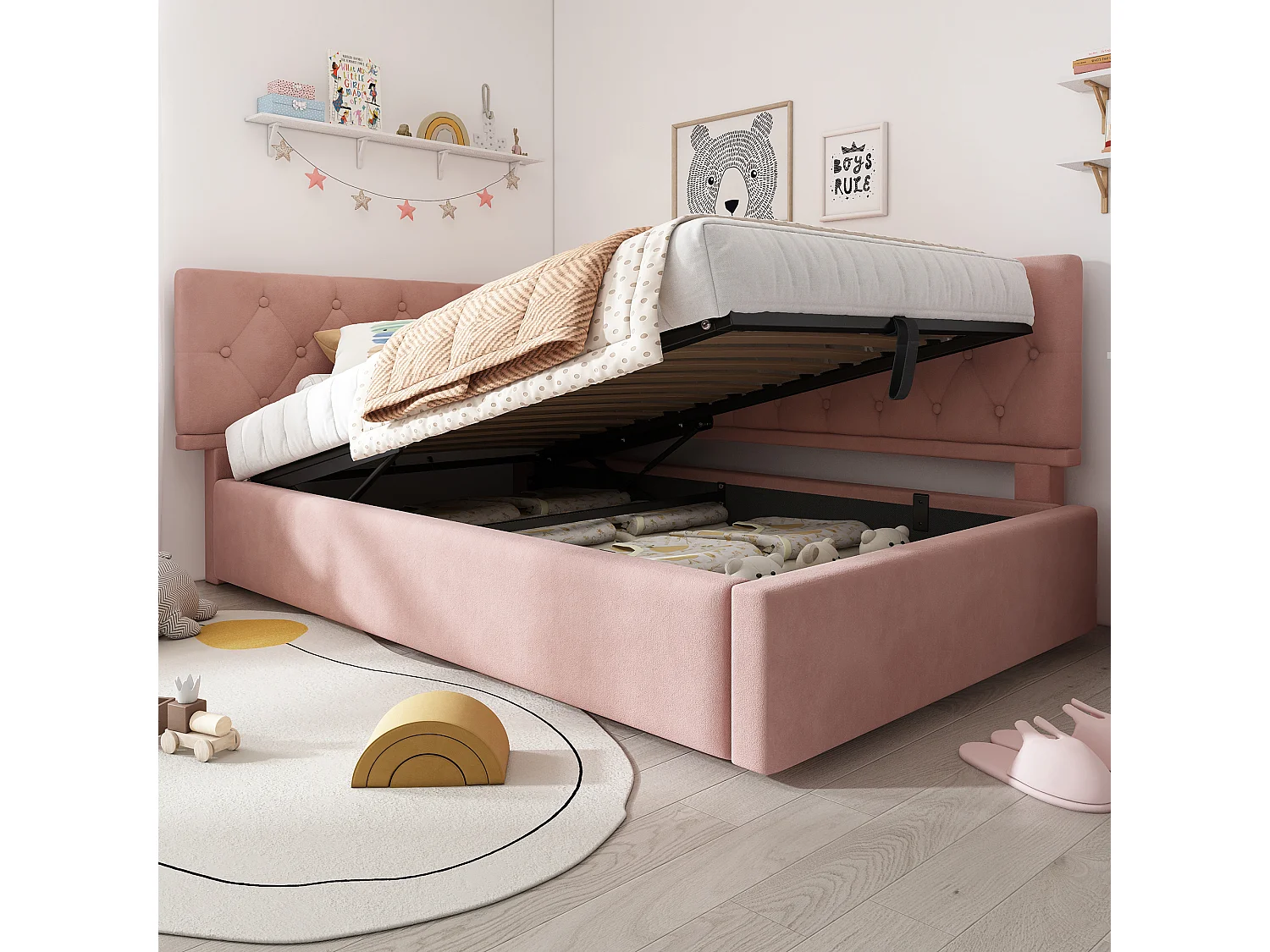 Canapé-lit rembourré pour enfant - 90 x 190 cm - avec rangement hydraulique - velours - rose