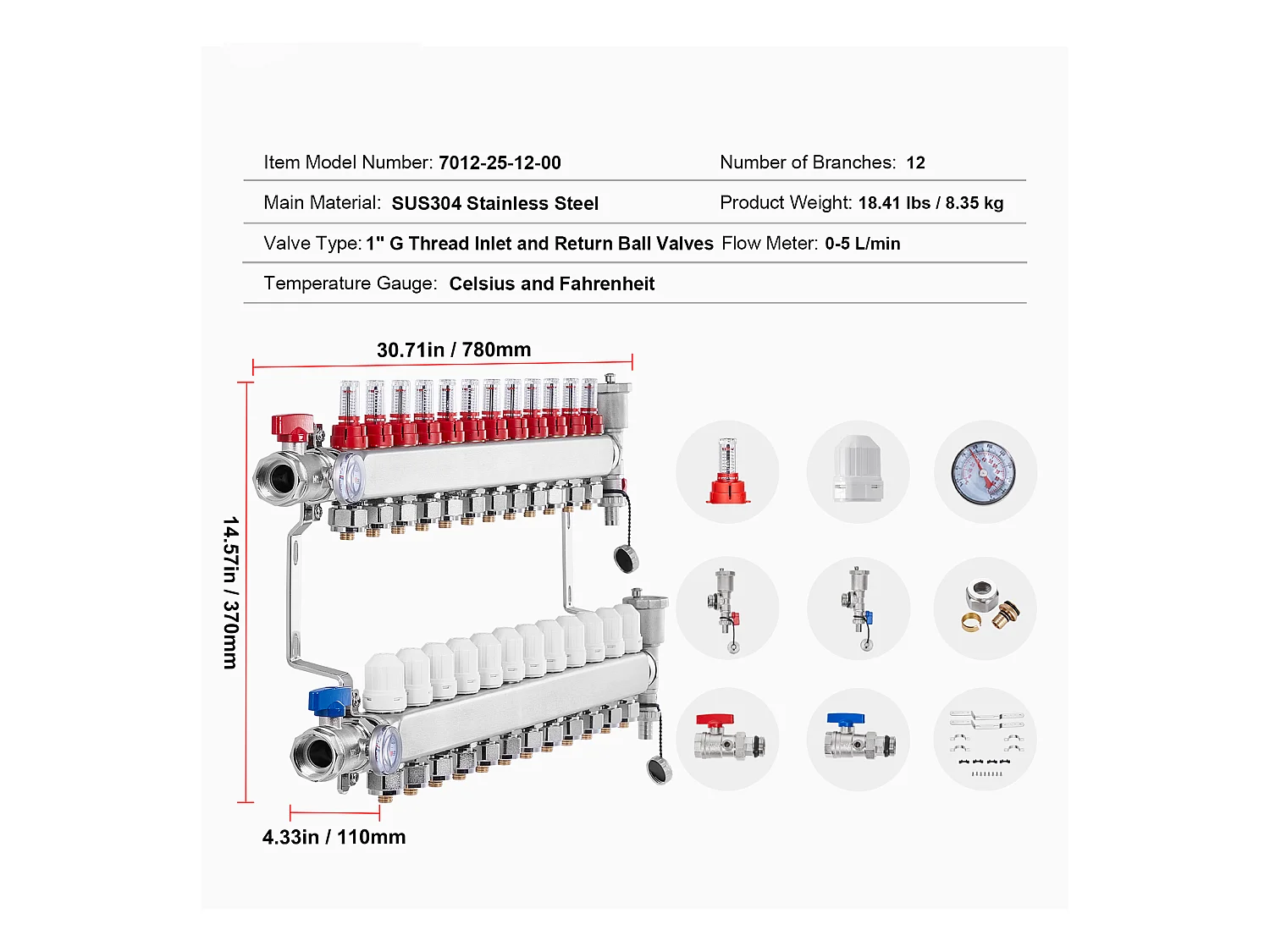 Collecteur de Chauffage Radiant SucceBuy à 12 Branches Ensemble de Collecteur de Chauffage par le Sol avec Tubes PEX de 2.54/5.08cm
