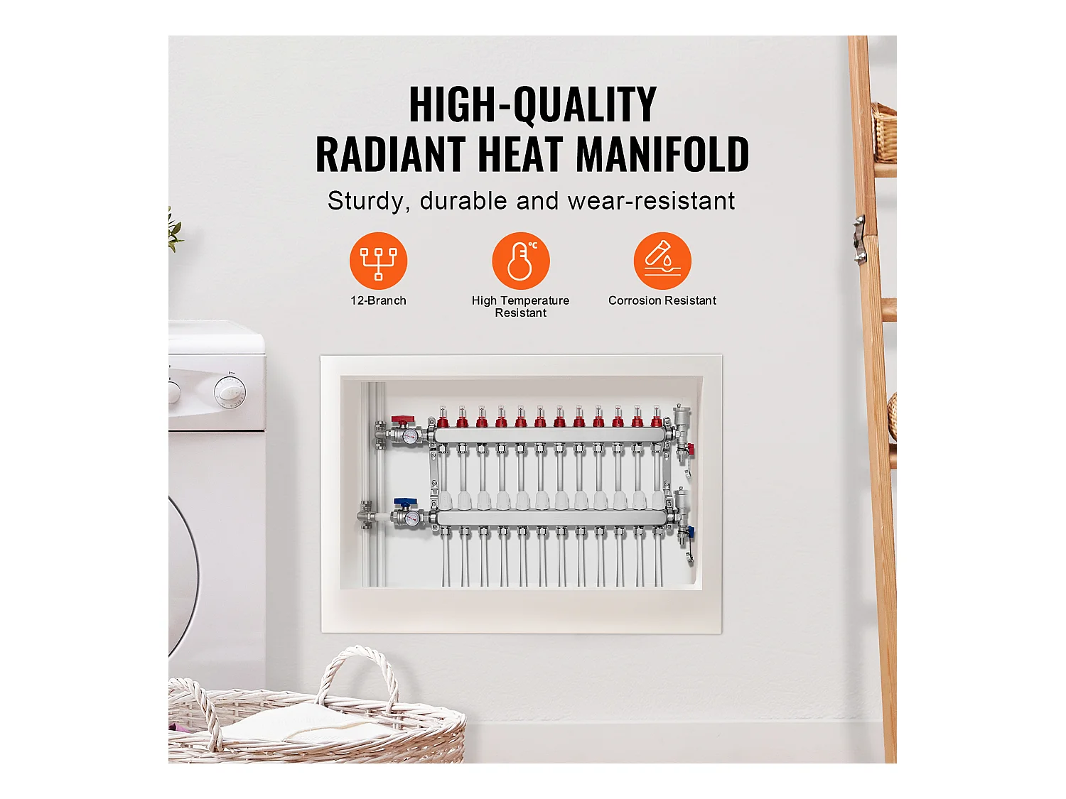Collecteur de Chauffage Radiant SucceBuy à 12 Branches Ensemble de Collecteur de Chauffage par le Sol avec Tubes PEX de 2.54/5.08cm