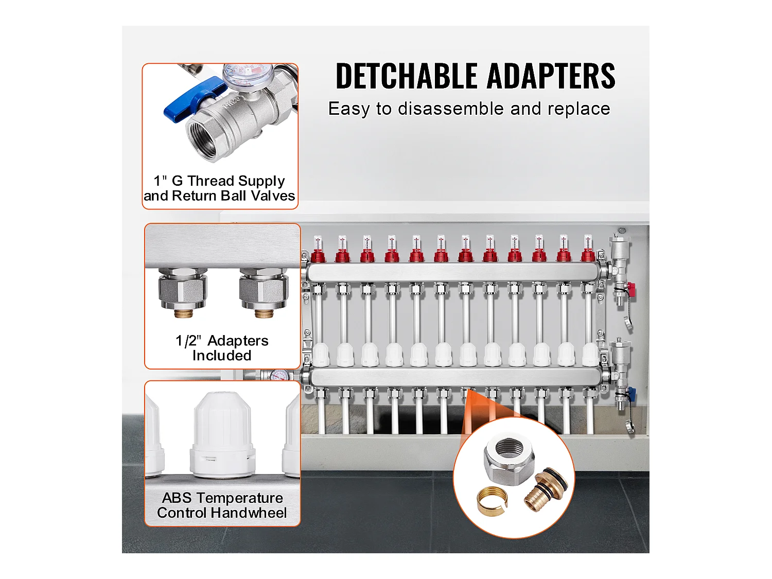 Collecteur de Chauffage Radiant SucceBuy à 12 Branches Ensemble de Collecteur de Chauffage par le Sol avec Tubes PEX de 2.54/5.08cm
